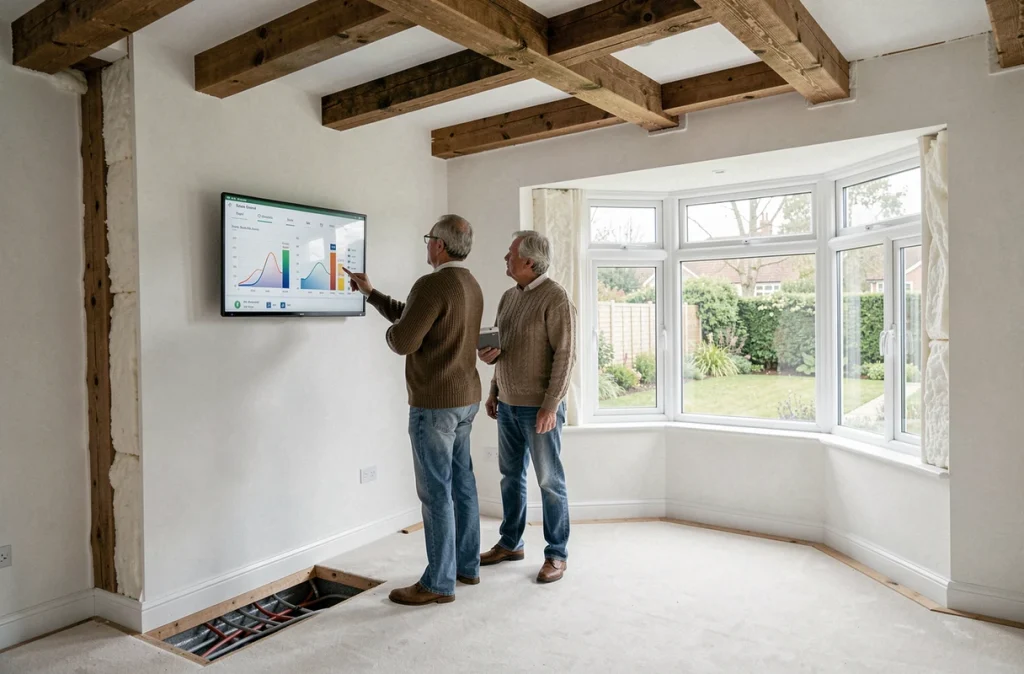 Couple de propriétaires examinant un tableau de suivi de consommation énergétique dans leur maison rénovée avec isolation et double vitrage