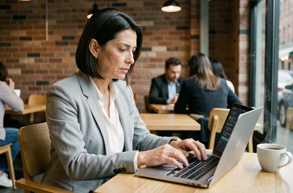 Femme sécurisant son portefeuille crypto avec un mot de passe complexe dans un café urbain