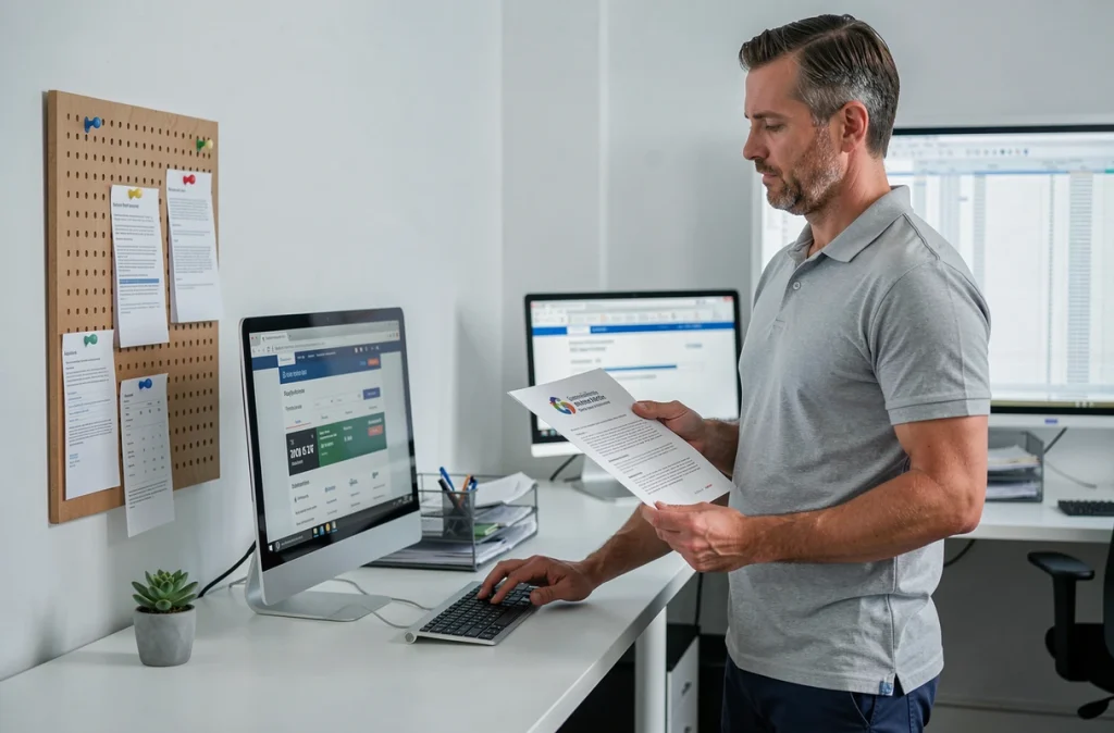 Homme consultant le site creances publiques fr pour régler une amende administrative au bureau