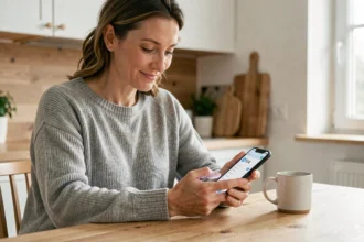 Femme consultant son relevé de compte Crédit Agricole en ligne sur smartphone dans une cuisine moderne