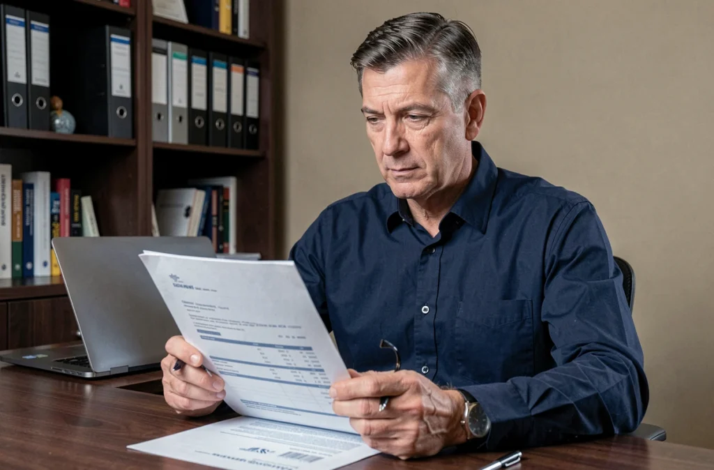Homme âgé examinant un relevé de compte papier Crédit Agricole dans un bureau à domicile