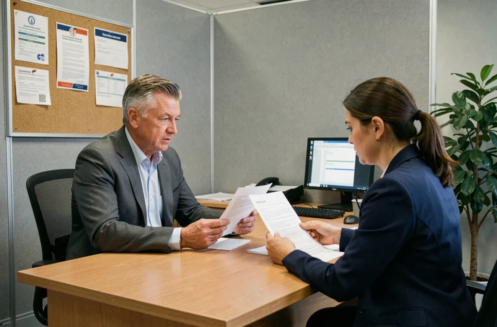 Homme en rendez-vous administratif pour révision de pension invalidité avec un conseiller