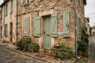 Résidence secondaire fermée dans un village français avec volets clos et panneau immobilier, illustrant l'impact des maisons de vacances sur le tissu local