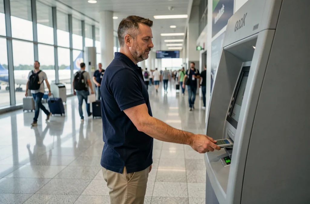 Homme retirant de l'argent à un distributeur automatique dans un aéroport international en voyage