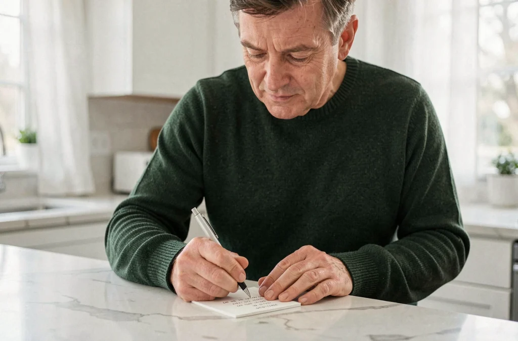 Homme notant sa phrase de récupération seed phrase pour sécuriser son portefeuille crypto à la maison