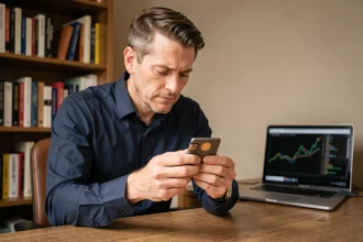 Homme examinant un portefeuille hardware de cryptomonnaie dans un bureau à domicile, sécurité crypto pour particuliers