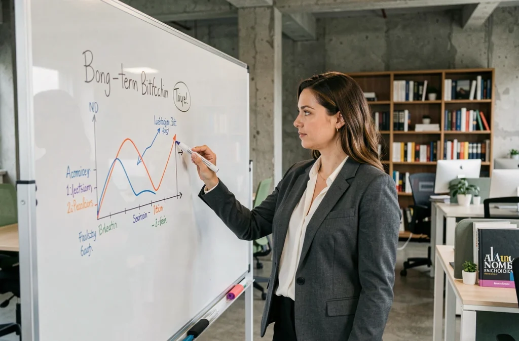 Femme professionnelle présentant une stratégie d'investissement Bitcoin sur un tableau blanc dans un espace de coworking
