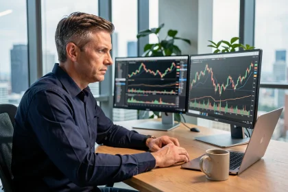 Homme d'affaires analysant des graphiques d'investissement Bitcoin sur plusieurs écrans dans un bureau moderne en ville