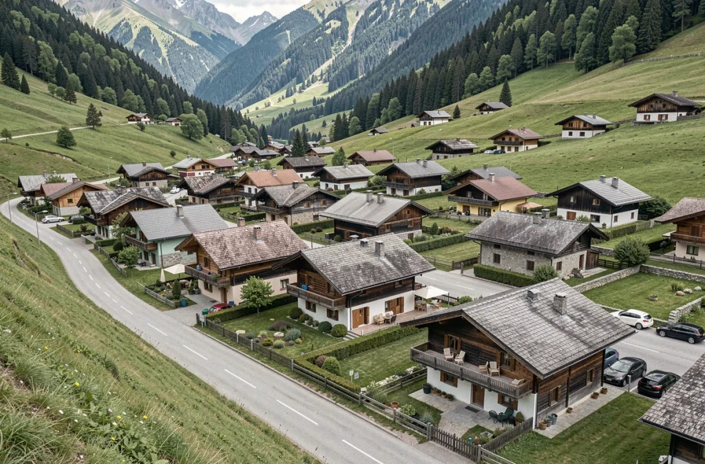 Village alpin français au printemps avec maisons secondaires fermées contrastant avec résidences principales occupées, illustrant la désertification saisonnière
