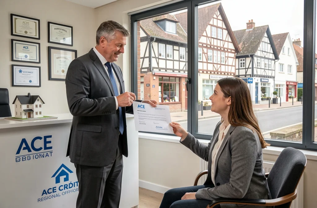Courtier ACE Crédit présentant une proposition de prêt immobilier à un couple dans une agence normande avec façades à colombages visibles