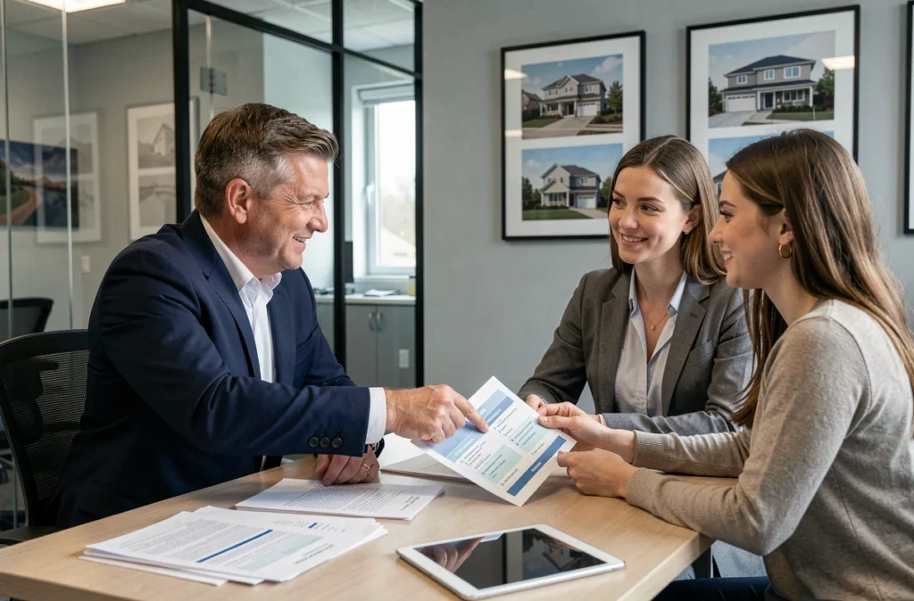 Agent immobilier présentant des options d'assurance loyer impayé à des propriétaires dans une agence moderne