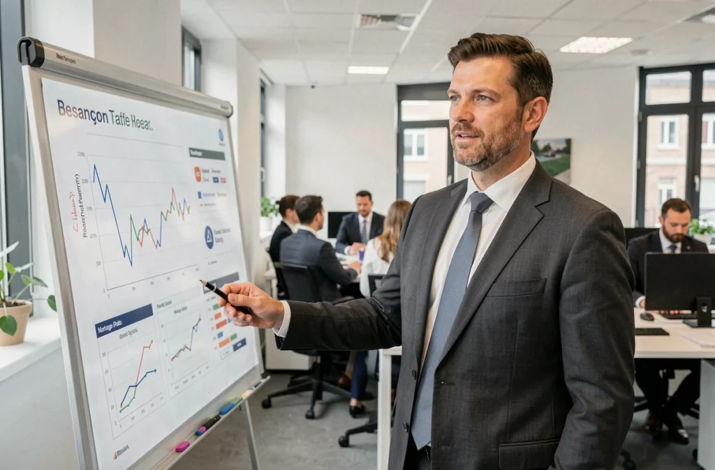 Un courtier d'Artémis Courtage présente des taux de crédit immobilier dans son agence de Besançon