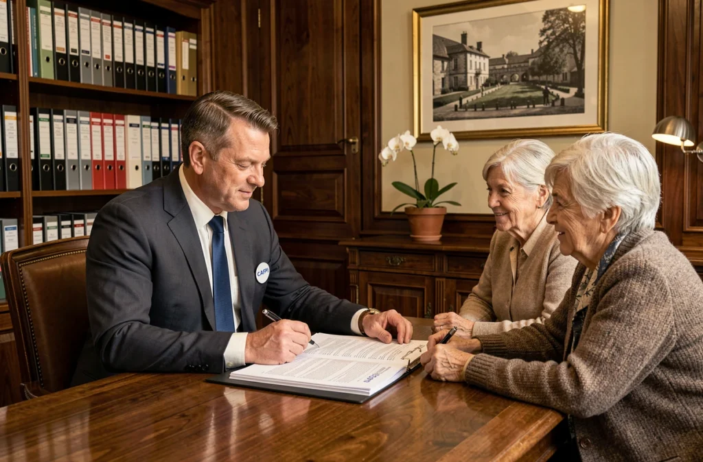Courtier CAFPI historique rencontrant un couple de clients dans un bureau professionnel en Normandie pour finaliser un dossier de prêt