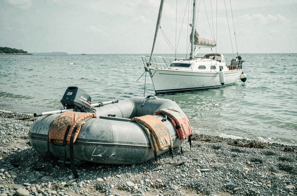 Petit canot pneumatique avec moteur hors-bord échoué sur une plage de galets face à un voilier ancré dans la baie