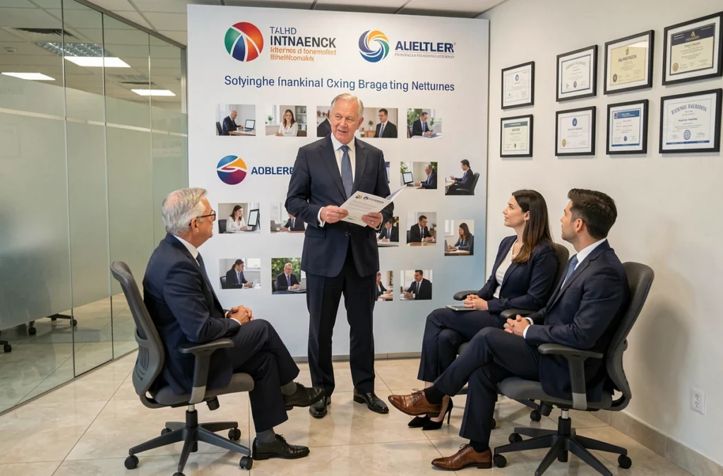 Consultant de La Centrale de Financement présentant l'expertise normande du réseau national à des clients dans un bureau professionnel