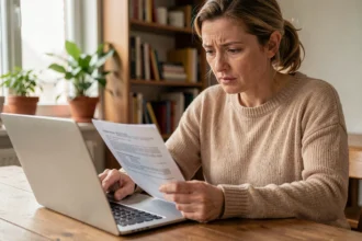 Femme consultant un comparateur d'assurance loyer impayé sur son ordinateur portable à domicile