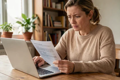 Femme consultant un comparateur d'assurance loyer impayé sur son ordinateur portable à domicile