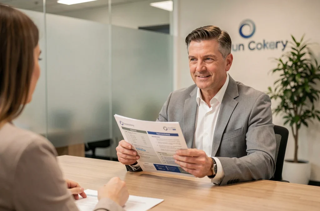 Conseiller financier présentant un comparatif d'assurance vie à des clients en agence
