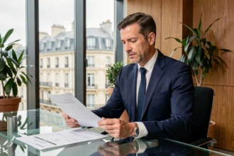 Conseiller financier analysant des documents d'investissement en SCPI dans un bureau parisien moderne