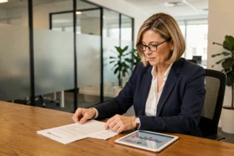 Conseillère financière analysant des documents sur une SCPI en assurance-vie dans un bureau moderne