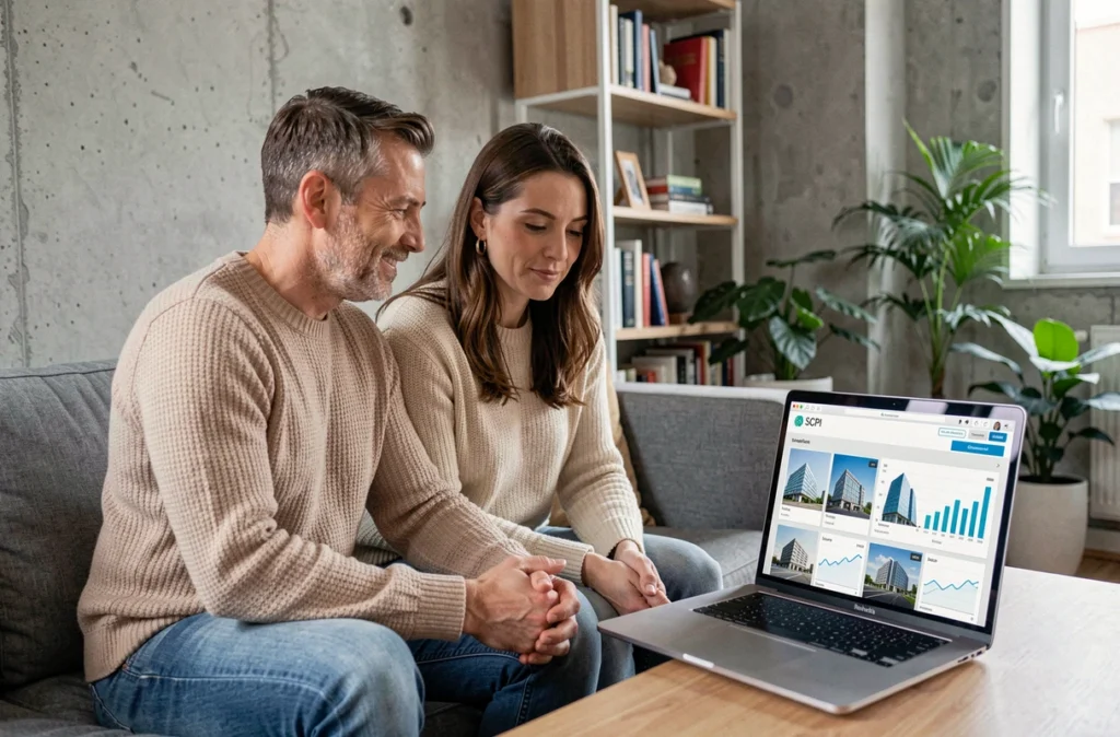 Un couple dans la quarantaine consulte ensemble une plateforme d'investissement SCPI sur un ordinateur portable dans leur salon moderne