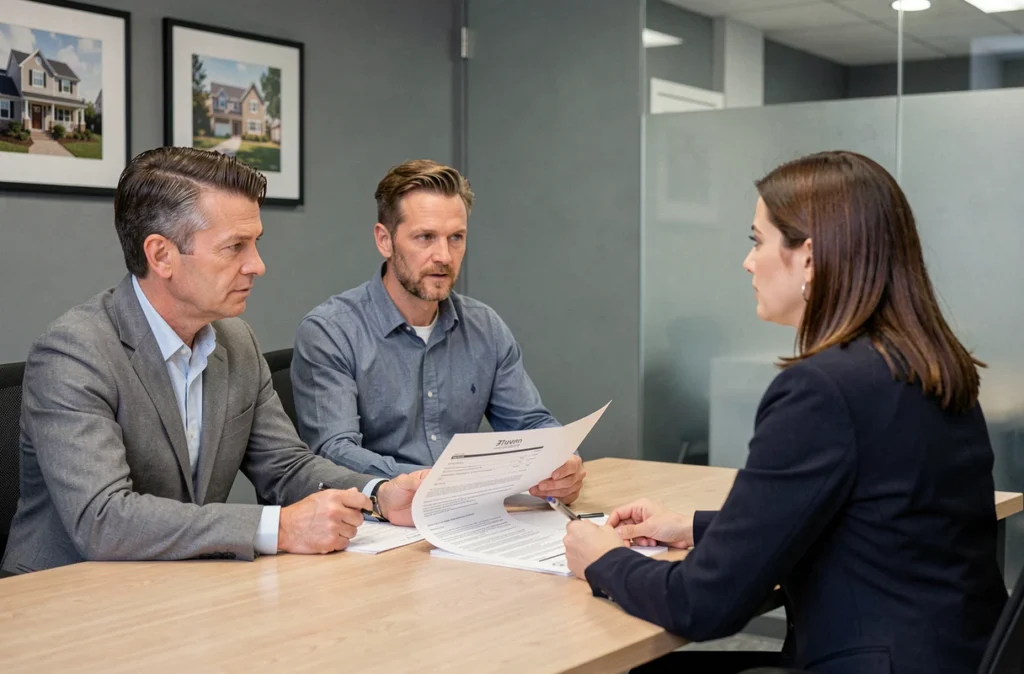 Un couple examine un contrat d'assurance emprunteur avec un courtier dans une agence immobilière
