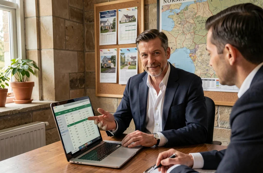 Courtier Courteam dans un bureau normand présentant des options de prêt immobilier à un client attentif