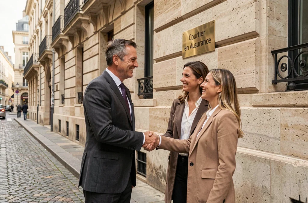 Courtier en assurance emprunteur serrant la main de clients devant un immeuble haussmannien à Lyon