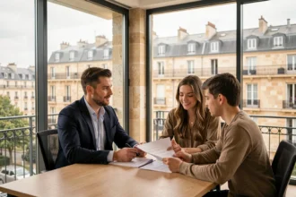 Un courtier en crédit immobilier conseille un couple dans un bureau moderne en Bourgogne-Franche-Comté