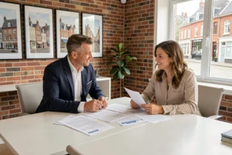 Un conseiller en crédit immobilier rencontrant un couple dans un bureau moderne en Normandie pour discuter de leur projet d'achat immobilier