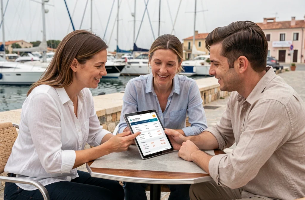 Courtière en assurance présentant des tarifs d'assurance bateau sur tablette à des clients dans un port méditerranéen