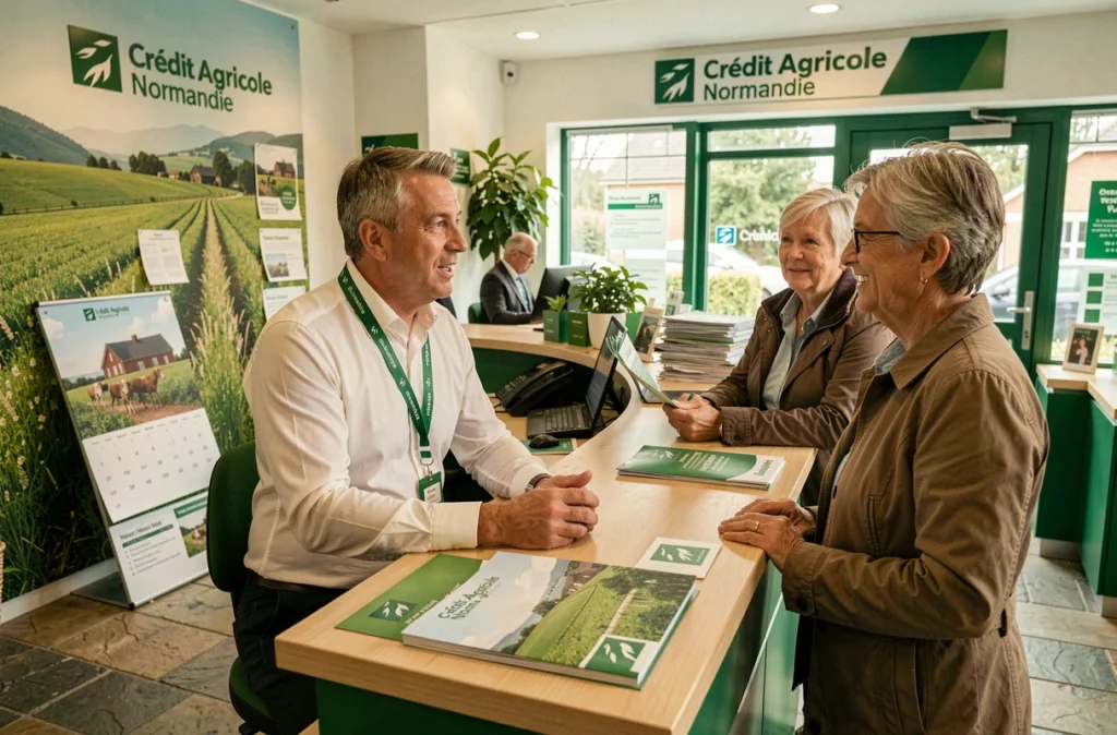 Conseiller Crédit Agricole Normandie discutant d'un projet de prêt immobilier rural avec un couple agriculteur dans une agence régionale