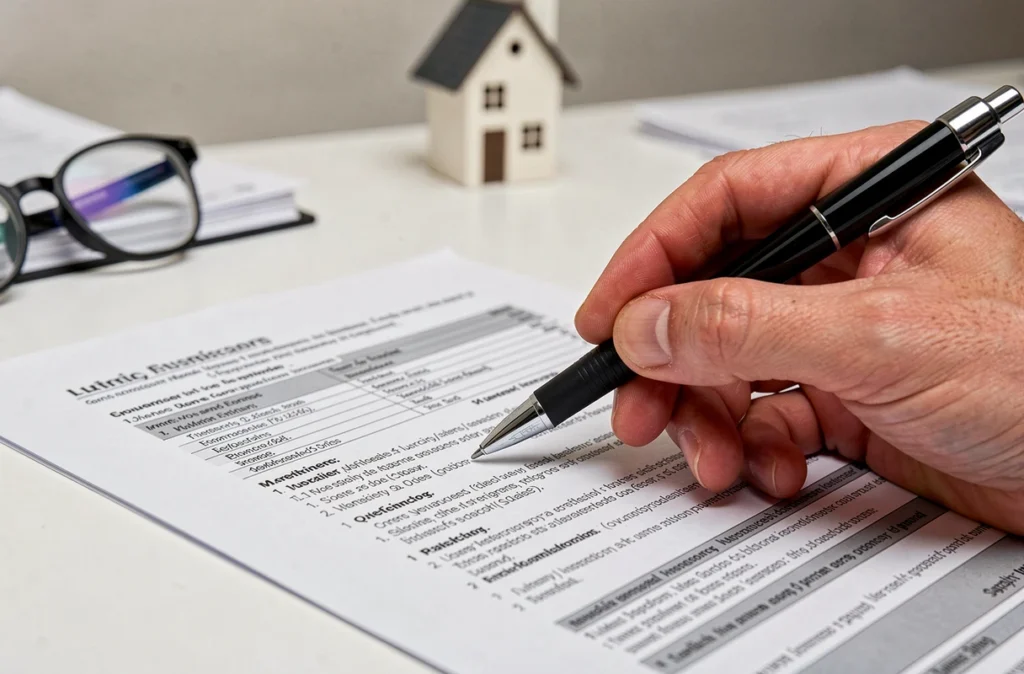 Gros plan d'une main annotant une clause de garantie IPT dans un contrat d'assurance emprunteur posé sur un bureau blanc
