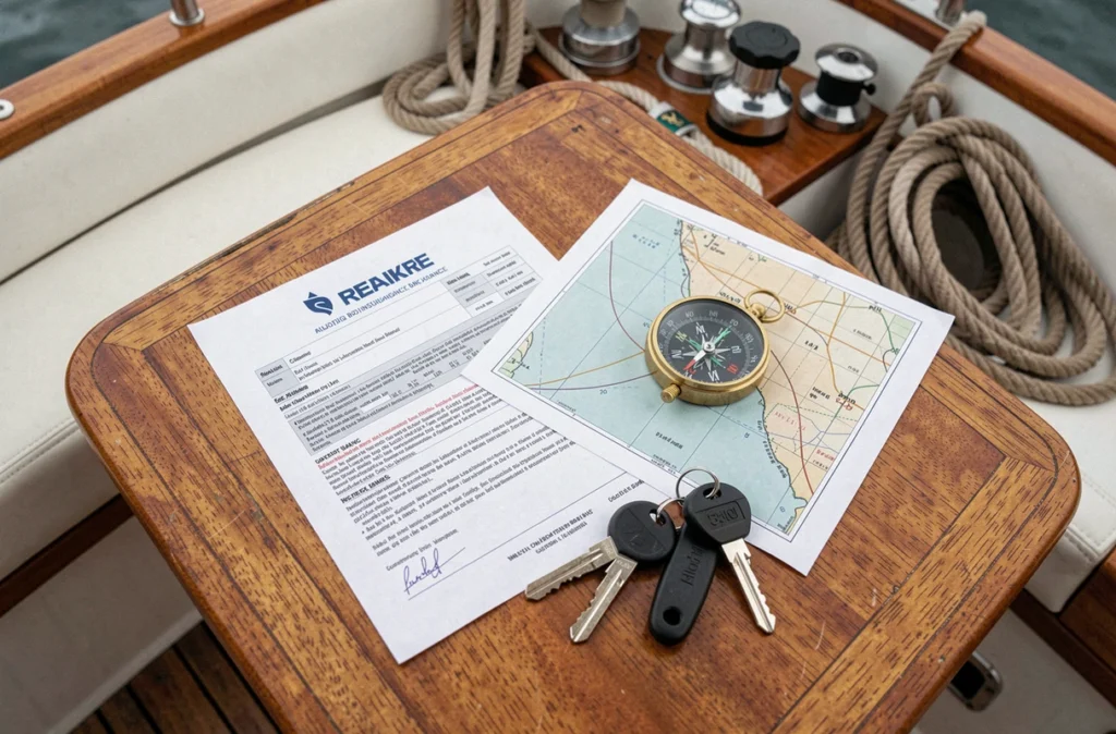 Documents d'assurance bateau, carte nautique et clés de voilier posés sur une table en teck dans un cockpit