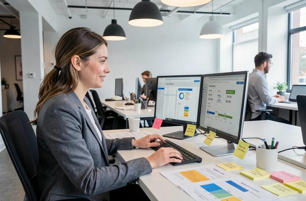 Conseillère Empruntis comparant des offres de crédit immobilier sur ordinateur dans un bureau moderne