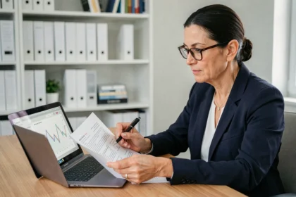 Femme d'affaires analysant des contrats d'assurance vie sur son bureau à domicile