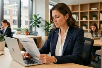 Femme cadre consultant sa fiche de paie et son salaire net sur un ordinateur portable au bureau