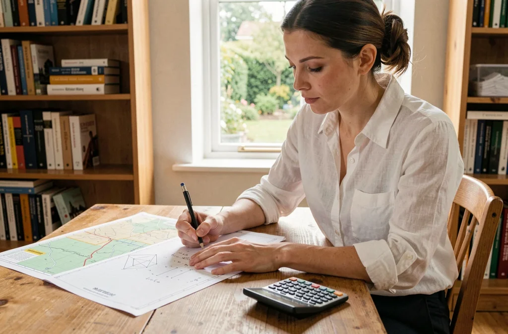 Femme calculant la superficie d'un terrain en ares sur du papier millimétré avec une carte cadastrale