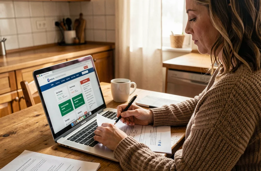 Une femme consulte et annote un contrat d'assurance emprunteur sur une table de cuisine avec un ordinateur portable