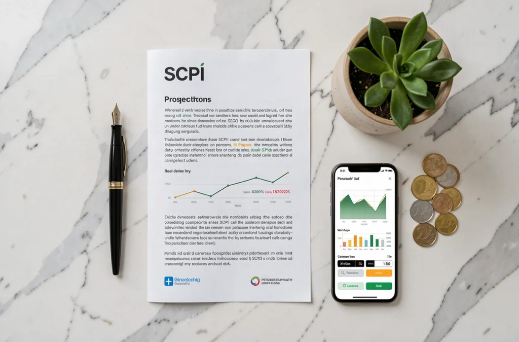 Pose à plat editoriale d'un prospectus SCPI, d'un stylo, de pièces en euros et d'un smartphone affichant des performances immobilières sur un bureau en marbre blanc