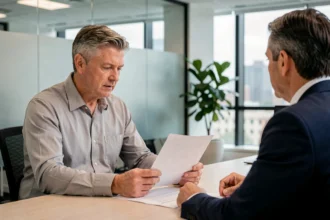 Un homme d'une quarantaine d'années examine des documents d'assurance emprunteur avec un conseiller dans un bureau moderne