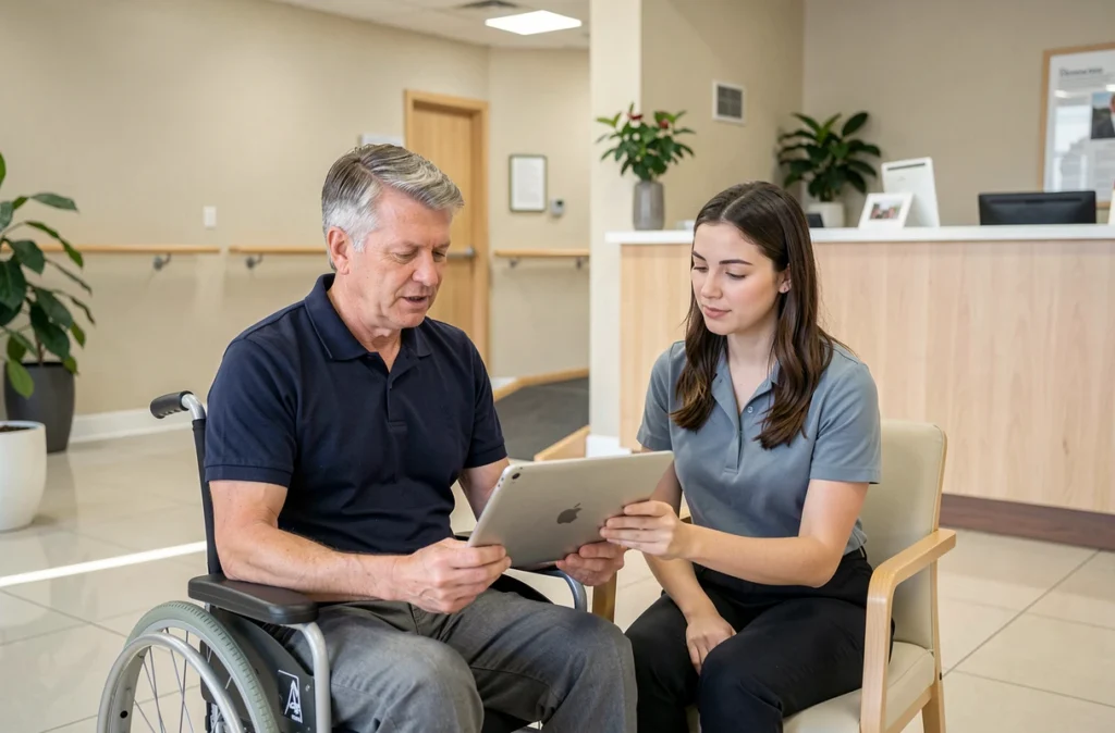 Un homme en situation de handicap discute de sa garantie IPT avec une conseillère en assurance dans un espace de réception accessible