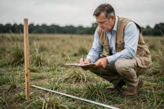 Géomètre mesurant une parcelle de terrain avec un mètre ruban pour calculer la superficie en ares