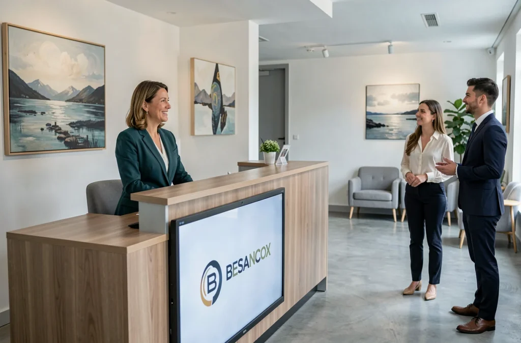 L'accueil professionnel de l'agence Groupe Apolline à Besançon avec une conseillère et des clients