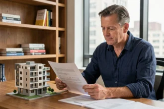 Un homme de 45 ans examine des documents d'investissement en SCPI et une maquette immobilière dans son bureau à domicile