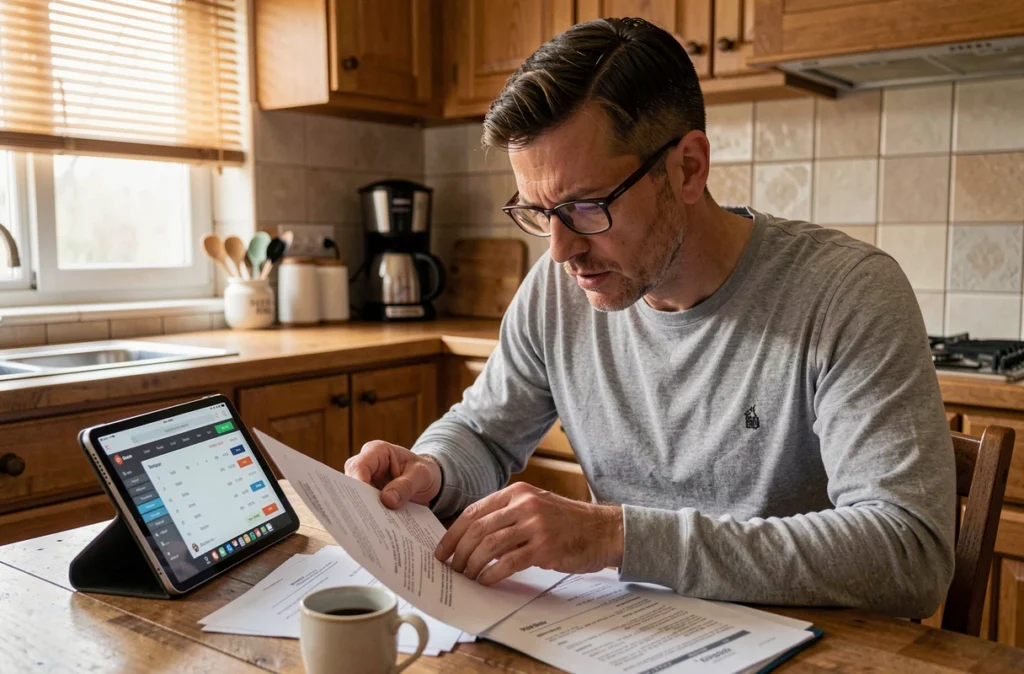 Homme consultant un calculateur de salaire net sur tablette avec des documents financiers à la maison