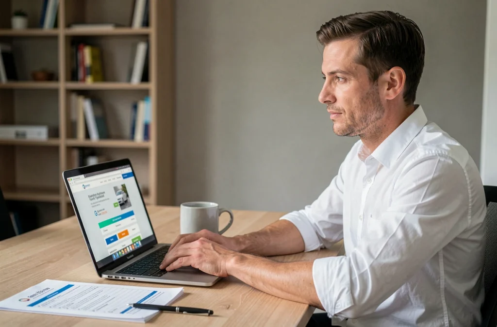Un homme compare des alternatives à l'assurance emprunteur CBP en ligne depuis son bureau à domicile