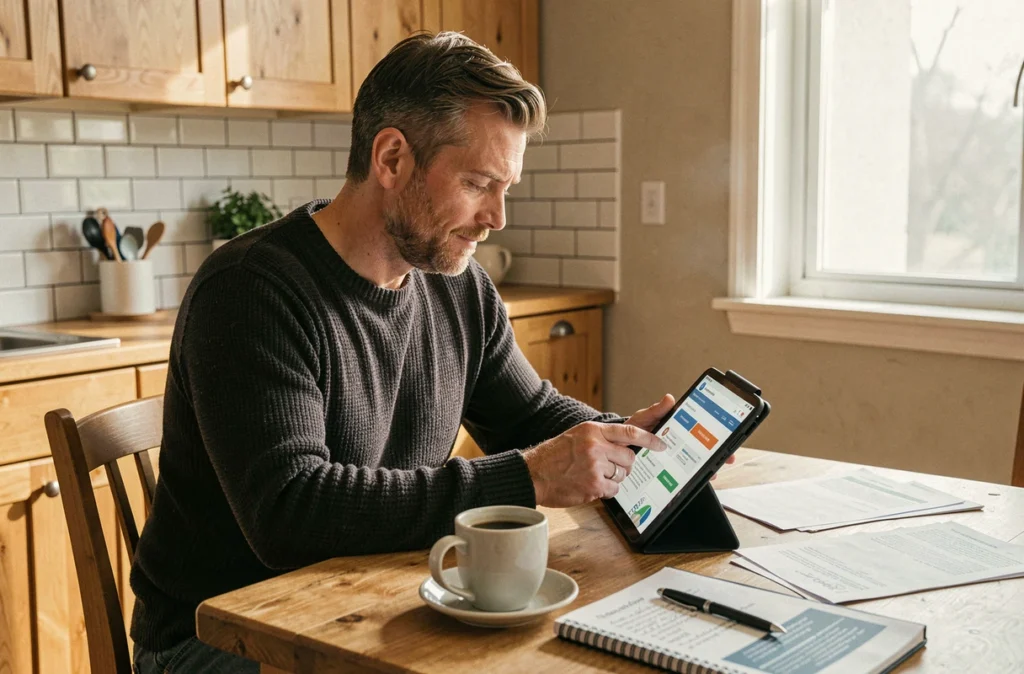 Homme comparant des offres d'assurance vie sur une tablette dans sa cuisine