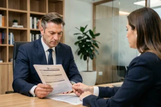 Un homme en costume navy discute de son assurance emprunteur avec un conseiller bancaire dans un bureau moderne