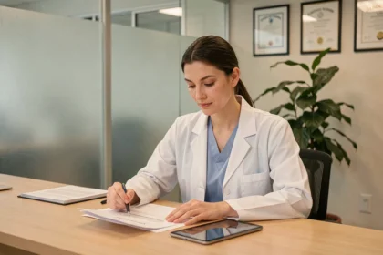 Médecin généraliste féminine consultant des documents de mutuelle professionnelle dans son cabinet médical moderne